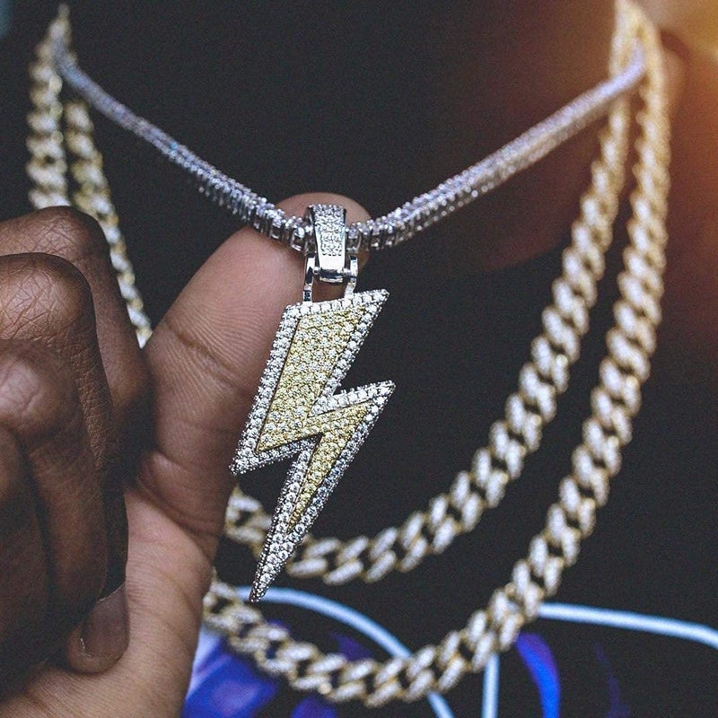 JINAO Hip Hop Lightning Bolt Design Pendant 18k Gold Plated Iced Out Cubic Zirconia Pendant Necklace with Micropave Simulated Diamond for Men Women (Gold) - Image 5